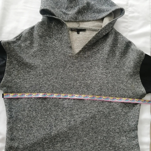 Maje French Terry Hoodie Black Leather Sleeves Heathered Gray Maje 2 or Medium - Picture 13 of 16